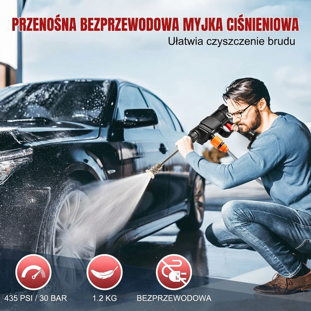 Bezprzewodowa myjka ciśnieniowa, pistolet do natrysku wody pod ciśnieniem 30 bar, bateria litowa 24 V działa do 60 minut po pełnym naładowaniu, przenośna myjka wysokociśnieniowa do czyszczenia samochodu/płotu/ściany/pokrywy - Image 5